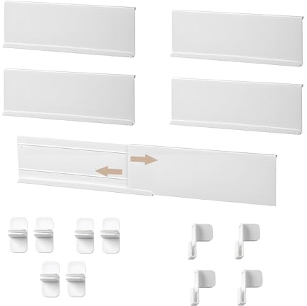 LCUHAVA Separatore per cassetti, regolabile, 5 pezzi, in plastica, separatore per cassetti, con 10 inserti per cucina, ufficio, comò, organizer da 18 a 34,8 cm