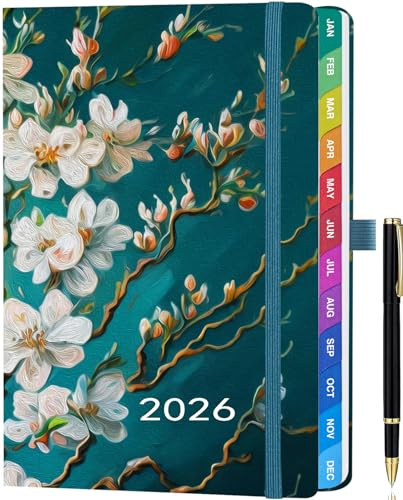Kalender 2026 A5 – 2026 Wochenplaner Vertikale Version, 2026 Terminplaner mit Monatsübersicht, Januar bis Dezember 2026, mit bunten Monatsregistern, Innentasche & Stift - Mandelblüte Türkis