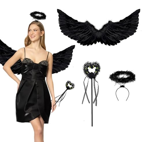Engel Kostüm Damen Setmit Heiligenschein Engel und Zauberstab Accessoires | Engelsflügel Amor Kostüm Damen für Halloween Kostüme Karneval Party Cosplay Fasching Verkleidung