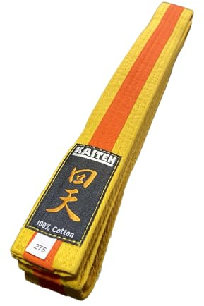 KAITEN Karategürtel Farbgürtel 2-farbig Mittelstreifen - 4 cm Breit - Länge 230 bis 325 cm - weiß-gelb, gelb-orange, orange-grün, grün-blau, blau-braun