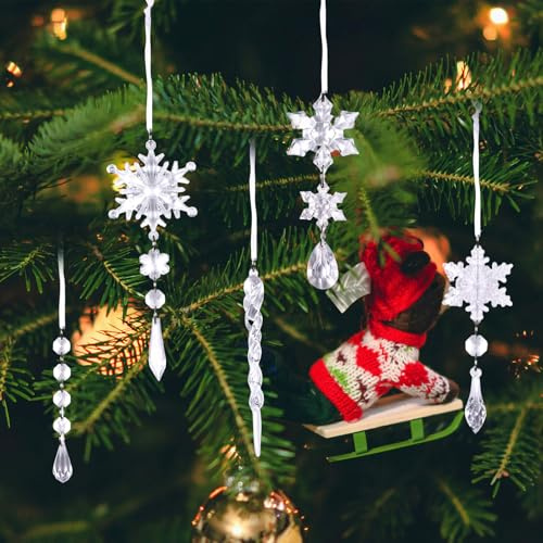 18pcs Crystal Christmas Ornaments, Hanging Acrylic Snowflake Icicle Drop Pendants Set for Christmas Tree Decorations Winter Holiday Party Home Decor Supplies