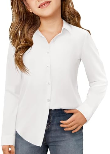 Haloumoning Blusas de manga larga para niña, con botones, camisa para niños, monocolor, con botones, básica, corte regular, uniforme escolar, 5-14 años, Blanco, 7-8 años