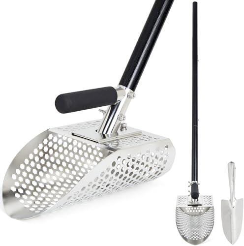 Paletta di sabbia per il rilevamento di metalli, Paletta per metal detector in acciaio inossidabile, Setaccio di sabbia per la spiaggia con manico lungo in fibra di vetro, Accessori per rivelatori di