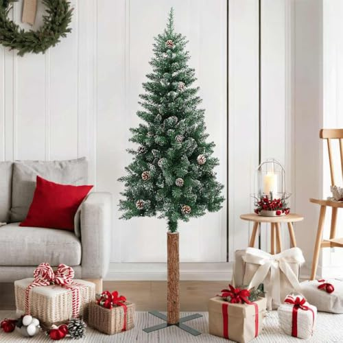Mokuyary Albero di Natale sottile con vero legno e neve verde 150 cm, albero di Natale artificiale con supporto, albero di Natale realistico, montaggio rapido per casa, ufficio, negozi, decorazione
