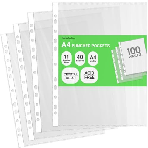 iSOUL A4 Plastic Value Punched Punch Pockets, 11 Hole Heavy Duty File Binder Pockets, 40 Micron Punched Pockets for Documents Folders Filling Plastic Wallets 100 Sleeves