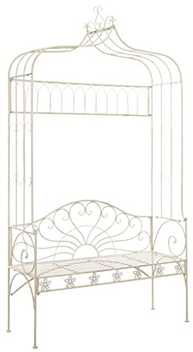 Mhdvray Banc de Jardin avec Arche en Fer Forgé Style Antique 122 x 43 x 220 cm, Banquette Extérieure Décorative pour Terrasse, Cour et Porche, Assise Large Confortable, Blanc Antique