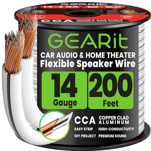 GEARit 2x2.5mm² Speaker Cable 60.96m/200ft, 14AWG Twin Core Speaker Wire with Polarity Markings, Ultra Flexible CCA Audio Cable for In-Wall Home Cinema, Car Audio Stereo, HiFi Surround Sound - White