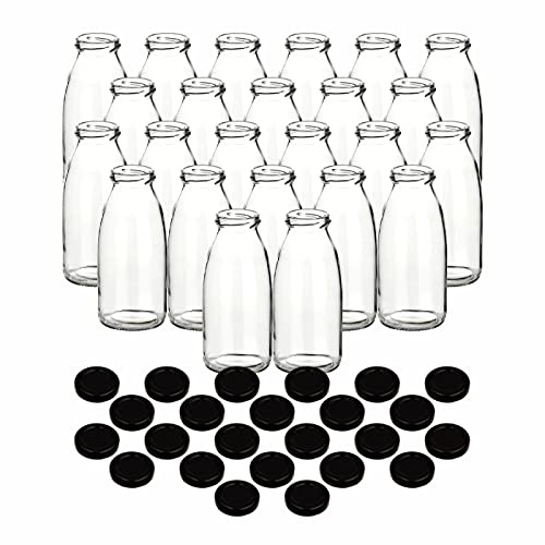 gouveo 24er Set Glas-Saftflasche 250 ml (0,25 l) rund mit Schraubdeckel schwarz – Leere Klarglasflaschen zum Befüllen für Saft, Smoothies, Sirup, Öl und Essig (SF250SZ)