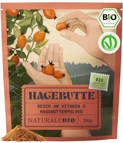 NaturaleBio Bio Hagebuttenpulver Roh Vitamin C | 1 kg. Gemahlene Hagebutten aus der ganzen Frucht, reich an Vitamin C, für Tees, Smoothies und Frühstücksbowls.