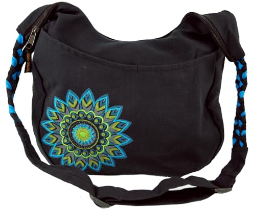 GURU SHOP Ethno Boho Schultertasche, Goa Tasche Mandala - Schwarz/türkis, Unisex - Erwachsene, Baumwolle, 26x35x15 cm