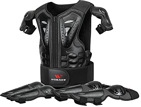 WOSAWE Equipement de Protection Moto pour Enfants, Protecteur de Le Dos et la Poitrine avec Coudières et Genouillères pour Vélo, Ski, Scooter, Planche à roulettes (MO467 Sets Noir)