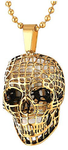 COOLSTEELANDBEYOND Rock Punk Herren Damen Gold Gitter Hohl Schädel-Anhänger Edelstahl Halskette, 60cm Stahl Kugelkette