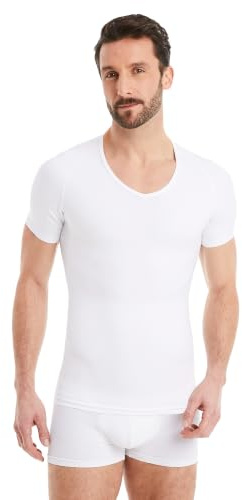 FINN Maglia Dimagrante Uomo con Scollo a V - Canottiera Snellente a Maniche Corte in Cotone - Camicia compressiva Body Shaper per Una Pancia più Piatta Bianco M