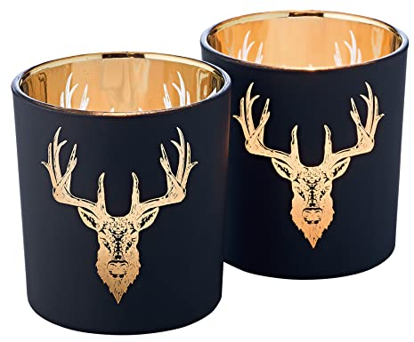 EDZARD 2er Set Teelichthalter Lio, Höhe 8 cm, Hirsch-Motiv, außen matt schwarz/innen Gold - Windlicht, Teelichtglas