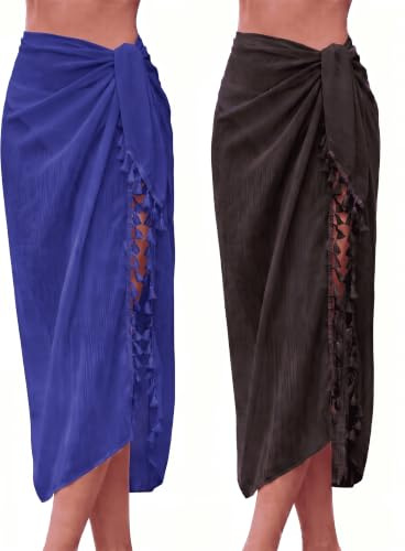 Boao 2 Pcs Women's Beach Sarong Cover up, X-Large, Black, Royal Blue