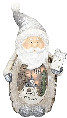 ECD Germany Weihnachtsmann Deko Figur mit LED Beleuchtung 52cm Warmweiß Weiß mit grauem Hut und Schal, Holzoptik, Batteriebetrieben, für Innen, LED-Weihnachtsdeko Weihnachtsfigur Weihnachten Tischdeko