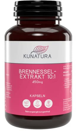 KUNATURA - Brennesselextrakt 10:1-200 Kapseln á 450mg - hochdosiert 900mg Extrakt je Tagesdosis – Brennnessel-Extrakt ohne Zusätze – 1 Dose - hohe Wirksamkeit - Nahrungsergänzungsmittel