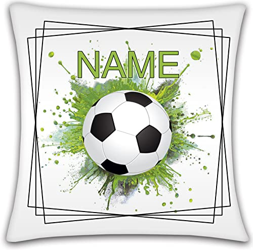 Maus-Design Kissen personalisiert mit Name Fußball | wahlweise mit Füllung, satiniert, kuschlig, mit farbiger Rückseite
