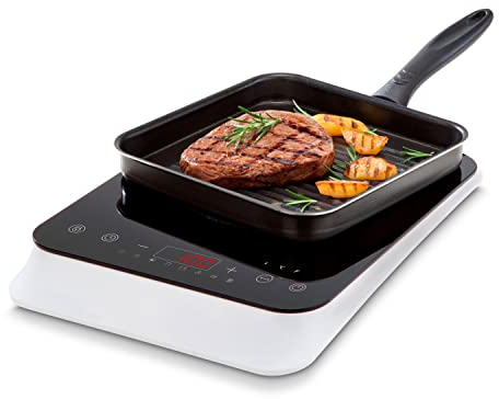 MEDION Placa de inducción (individual, 2000 vatios, placa de inducción, 8 programas automáticos, detección automática de ollas, sensor táctil, pantalla LED, 10 ajustes de temperatura, placa de cristal