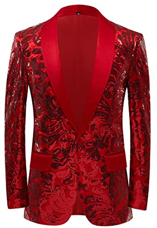 PYJTRL Men Stylish Satin Face Sequins Floral Pattern Suit Jacket Blazer (Red, L)