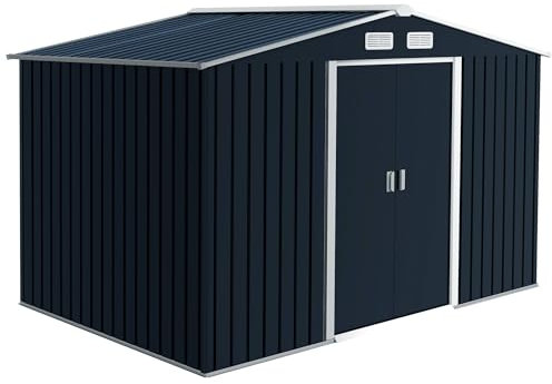 Outsunny 9 x 6ft Metal Garden Shed, Waterproof Outdoor Bike Storage Shed Galvanised with Vents, Foundation Kit, Apex Roof and Lockable Double Doors for Patio Lawn, Dark Grey