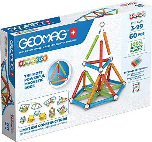 Geomag – Supercolor 60 Teile – 100% recycelter Kunststoff – Magnetisches Konstruktionsspiel für Kinder ab 3 Jahren – Swiss Made – Bausteine mit 28 Stäben, 28 Kugeln, 4 Basen – STEM-Magnetspiele