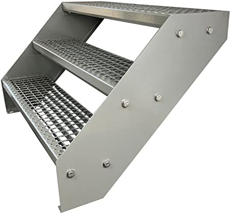 Kaminbau Mierzwa Premium Stahl Treppe Verzinkt & komplett Silber Pulverbeschichtet 3 Stufen (Breite 60 cm) (Höhe 57 cm) Wetterfest Gitterroststufe Gartentreppe