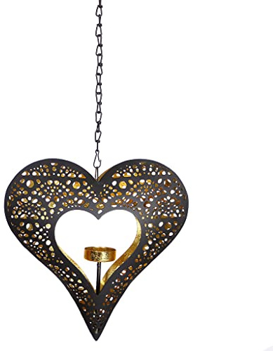 Tea Light Holder Candle Lantern Hanging Heart Tealight Holder Outdoor Garden Alfresco Décor (Black & Gold) - Metal with Moroccan Cut Out Design