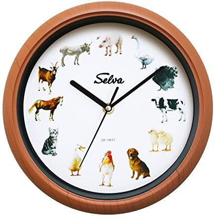 SELVA Tieruhr, Wanduhr, mit Tierlauten zu jeder Stunde und farbenfrohe Illustrationen, Gehäuse aus Kunststoff, Holzoptik, Farbe:Bauernhoftiere