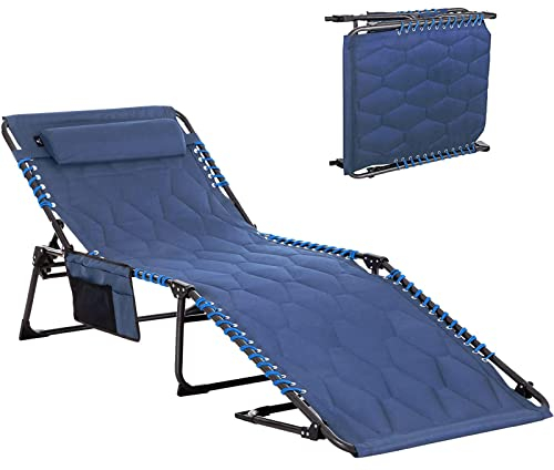 ALPHA CAMP Campingliege Faltbar Sonnenliege Klappbar Dreibeinliege Gepolstert Feldbett XXL mit bequemen Kopfkissen und breite Liegefläche von 200x68x38cm bis 180KG, 4-Fach verstellbar(Dunkelblau)