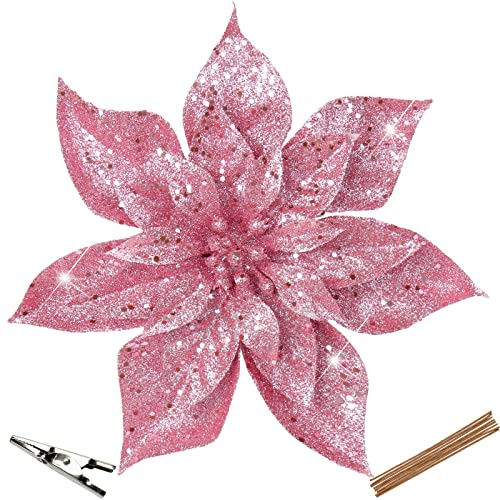Oairse 8er-Set Künstliche Glitzernde Weihnachtsblumen, Weihnachtssterne mit Clips für Weihnachtsbaum-DIY-Dekoration, künstliche Blumen für Feiertage, Esstisch-Mittelstück, Neujahrs-Ornamente, Rosa