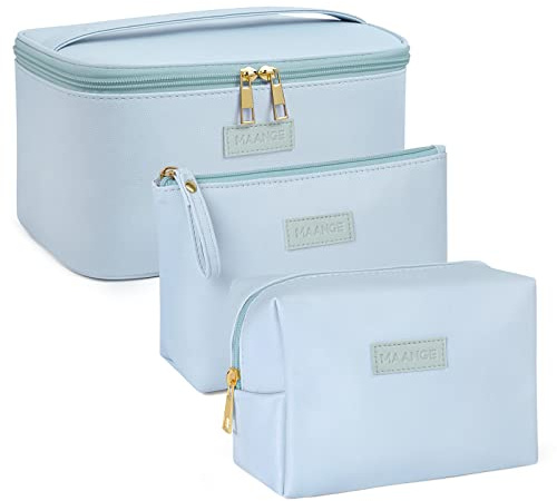 MAANGE 3 Stück Kosmetiktaschen (L+M+S), PU Leder Schminktasche für Damen Tragbare Reise Kosmetiktasche Kleine Make Up Tasche mit Fächern, Blau