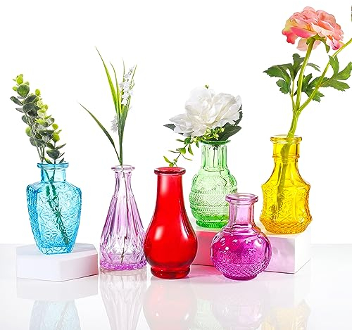 6 Pcs Small Colourful Glass Flower Vases, Glass Mini Bud Sweet Coloured Pea Vases in Bulk for Rustic Home Wedding Centerpieces Dining Table Room Decorations