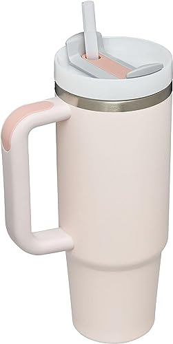 YOUEXPERT 30oz Tumbler with Handle and Straw, Insulated Tumblers with Lid and Straw, 30 oz Cup Stainless Steel Water Bottle Quencher FlowState Outdoor Sports Travel Tumblers- Rose Quartz