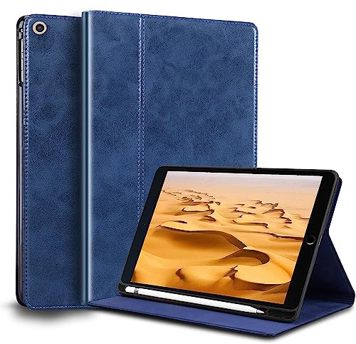 Gexmil Custodia per iPad 10.2 Pollici,9a/8a/7a Generazione(2021/2020/2019) Cover in Pelle Vera con Supporta la Ricarica di Pencil,Auto Svegliati/Sonno,Supporto Regolabile,Blu di Cera d'olio