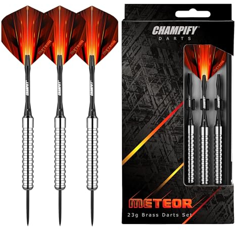 Champify® Brass Darts Set “Meteor” mit 23g Barrel und Stahlspitze | 3 Dartpfeile mit 6 Schäften & Flights | inkl. weiteres Zubehör | Dartpfeile mit Stahlspitzen
