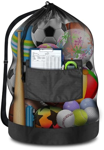 Heavy Duty Soccer Ball Net Bag(100L Extra Large Capacity 10-12Balls), Drawstring Mesh Ball Bag with Zipper Pocket, Sports Equipment Storage Organizer Hold for Gym, Beach, Cloth, Swimming Gears (1)