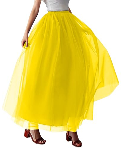 Gonna in rete da donna, maxi gonna lunga in tulle, elastica a stratificata, a vita alta, stampa floreale, gonna a rete, linea A, gazeba media da donna, giallo., Einheitsgröße