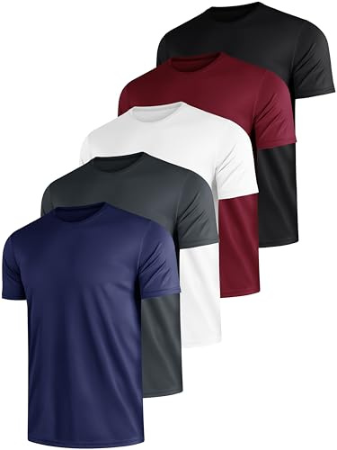 E-LIINJOYE 5-pack sport herr-t-shirts snabbtorkande ventilerande män sommar funktionell skjorta träningströja fitness löpartröja rund hals kortärmad t-shirt herrset, (Mörkblå/vit/mörkröd/svart/mörkgrå