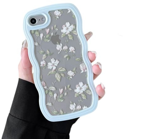 ZTOFERA Blommigt fodral för iPhone SE/8/7 4,7 tum, söt lockig våg ramformat fodral med grönt blad blommönster för kvinnor flickor, genomskinligt smalt stöttåligt telefonskydd för iPhone SE/8/7, grön