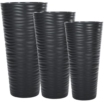 MELTOM Blumentopf Welle Slim Blumenkübel Rund Einsatz Pflanzgefäß 3D Effekt Set 3: XL XXL 3XL (Schwarz)