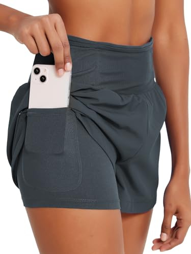 Monbessi Pantalones Cortos Deportivos 2 en 1 para Correr para Mujer, con Bolsillo con Cremallera, Pantalones Cortos de natación para Entrenamiento, Yoga, Trotar, Gris, XS
