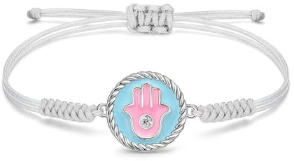 JENDEAR SHINE Pulsera Mano de Fátima Mujer en Plata de Ley 925, Cadena de Cuerda Ajustable Hecha a Mano con Colgante Esmaltado, Regalo de Cumpleaños para Mujeres y Niñas