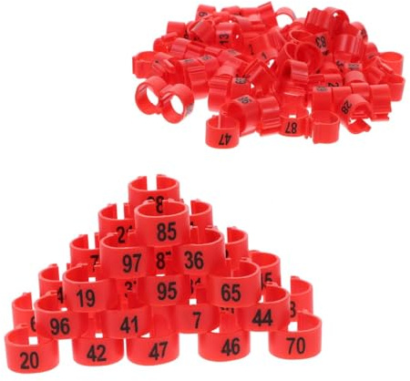 100 Stück Ringe für Hähnchenschenkel, Ringe für Hühner, Tauben-Fußkettchen für Geflügelschenkel, Zahlen von 1 bis 100 zum Markieren von Ringen (Rot)