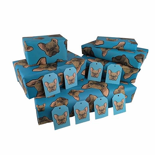 Frenchies Geschenkpapierbögen x 5, plus 8 Geschenkanhänger – 100% recycelbar – Umweltfreundliches Geschenkpapier – Französische Bulldogge auf Blau
