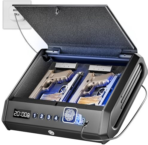 Rechargeable Gun Safe for Pistols 3-Ways unlock Biometric Fingerprint Digital PIN Key Unlock Handgun Safe with Sound/Silent, Lock box for Cloakroom living room Bedroom Nightstand and Car