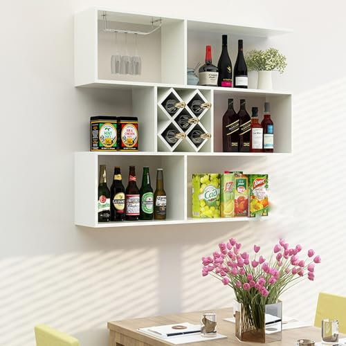 Weinregal aus Holz zur Wandmontage mit Glashalter, multifunktionales Aufbewahrungsregal für Likör, großer Barschrank für Wohnzimmer, Küche, Restaurant, Weiß, 100 cm