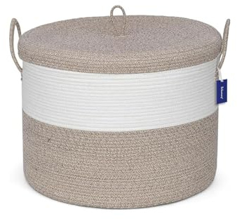 Echueuey D55 X H46cm Aufbewahrungskorb groß,wäschekorb geflochten mit deckel,deckenkorb wohnzimmer,korb geflochten groß,deckenkorb rund, Braun115L