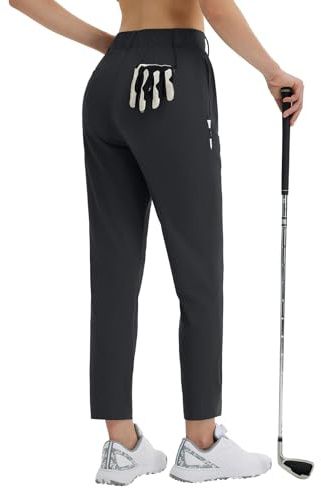 baleaf Pantalones de Golf para Mujer con Trabillas para cinturón, Bolsillos con Cremallera Trabajo Negocios Casuales, UPF 50+ Negro M