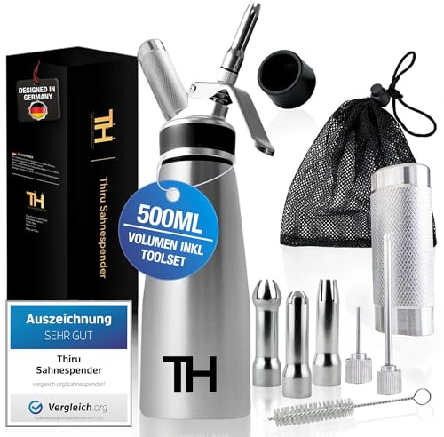 Thiru Sahnespender Edelstahl 500ml – Note sehr gut – 100 Tage testen | Inkl. Toolbox, eBook & 5 Edelstahl Tüllen – für Schlagsahne, Espuma & warme Speisen – ideal für Gastronomie